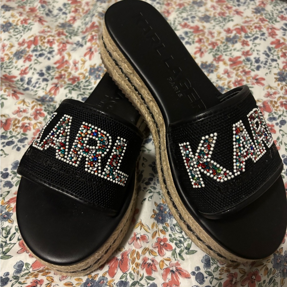 Karl Lagerfeld Black Beaded Slide Sandals